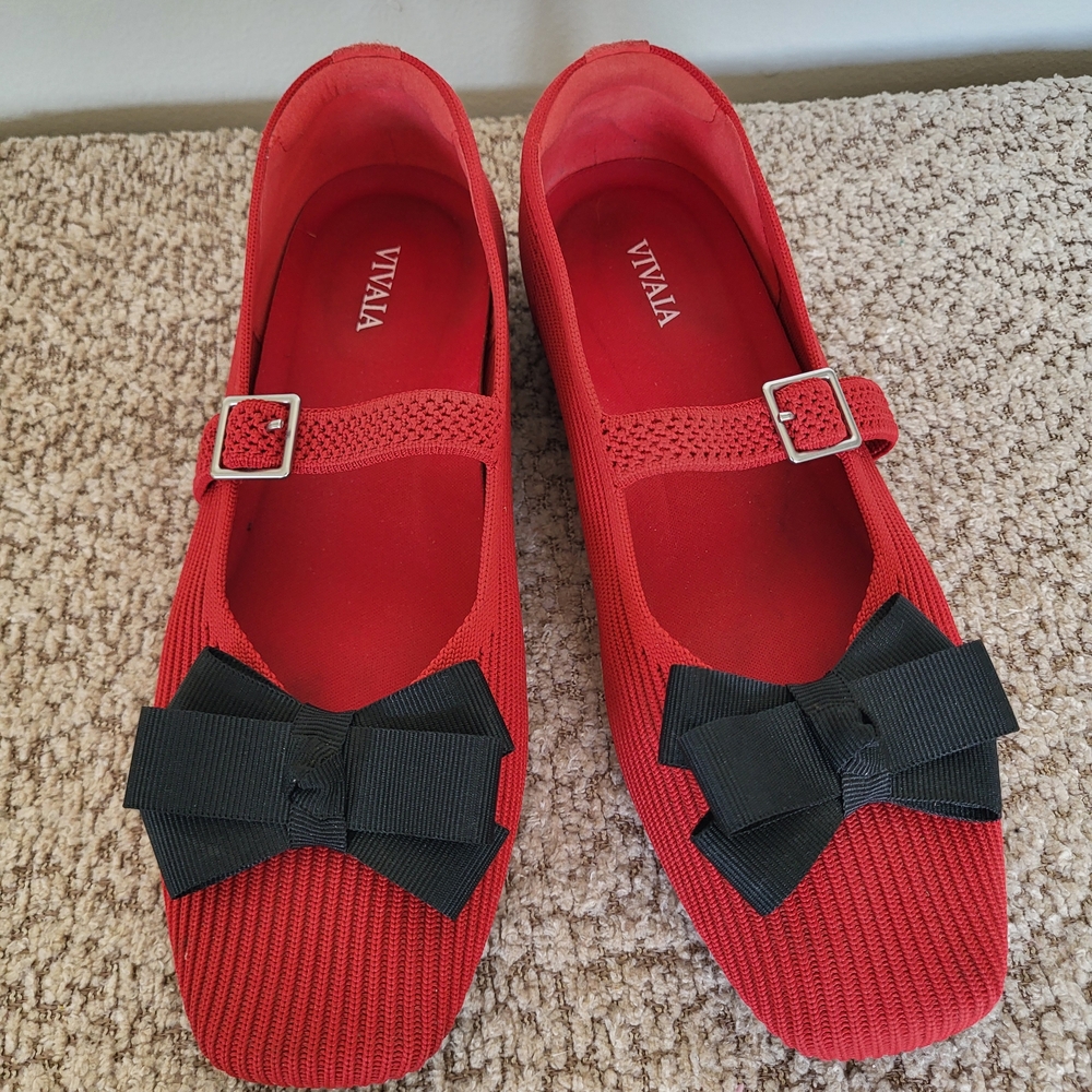 VIVAIA Red Mary Jane Flats with Black Bow Accent